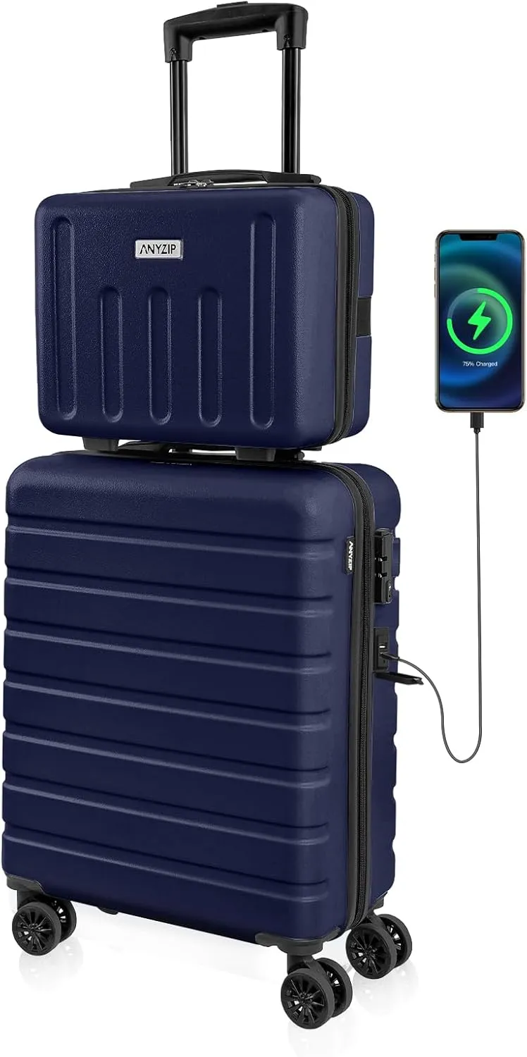 AnyZip 21" Carry On Luggage and 14" Mini Cosmetic Cases Luggage Set Hardside PC ABS Lightweight USB Suitcase with Wheels TSA for kids (2-Piece Set (14/21),DarkBlue)