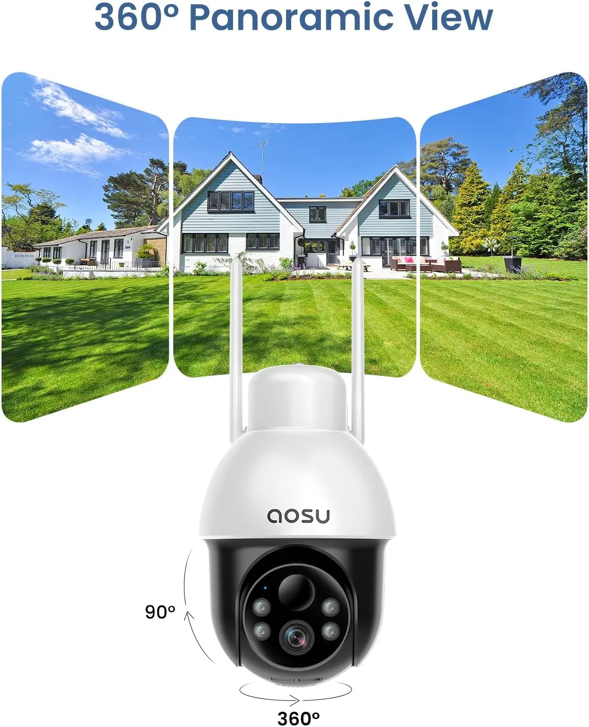 AOSU Solar Camera Security Outdoor - Security Cameras Wireless Outdoor with 360° Panoramic View, Human Auto Tracking, 2K Night Vision, Compatible with Alexa/Google Assistant (2 Pack)