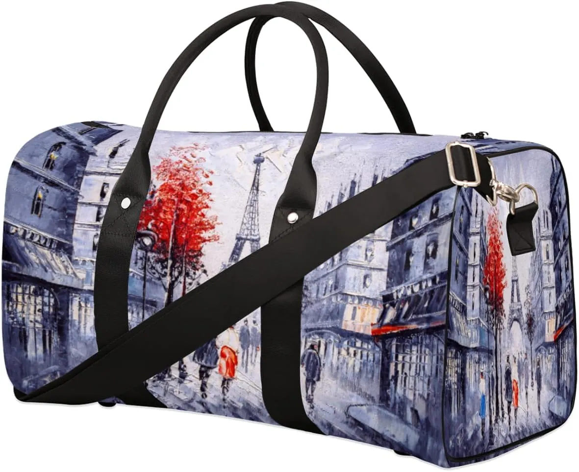 Art Painting France Paris Eiffel Tower Tree Travel Duffel Bag, Foldable Sport Gym Tote Bag, Waterproof Weekender Overnight Bag with Shoulder Strap, Carry On Luggage Handbag for Men and Women
