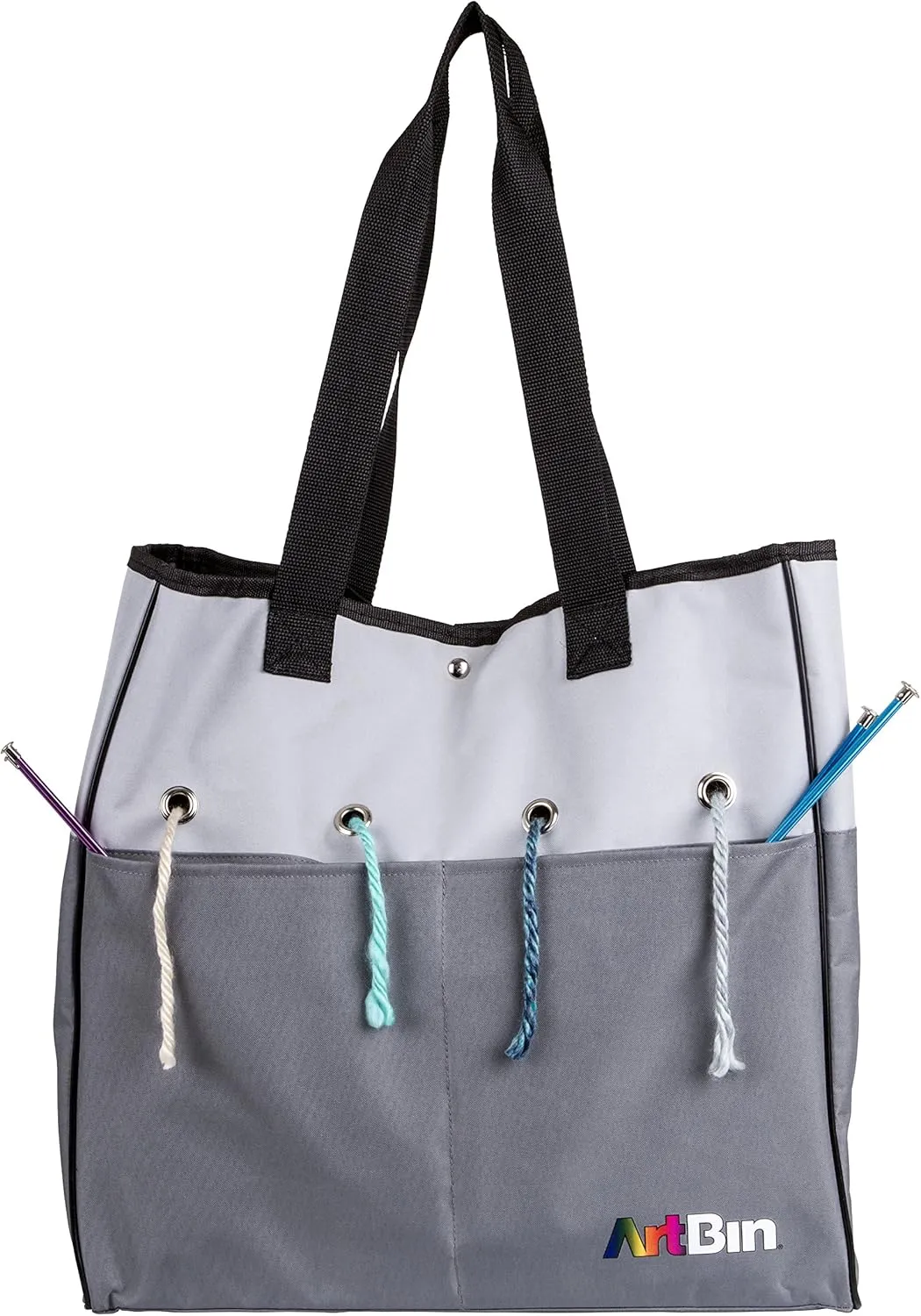 ArtBin 6821AG Yarn Tote, Portable Knitting & Crochet Storage Bag with Lift-Out Yarn Organizer, [1] Poly Canvas Tote Bag, Gray & Black