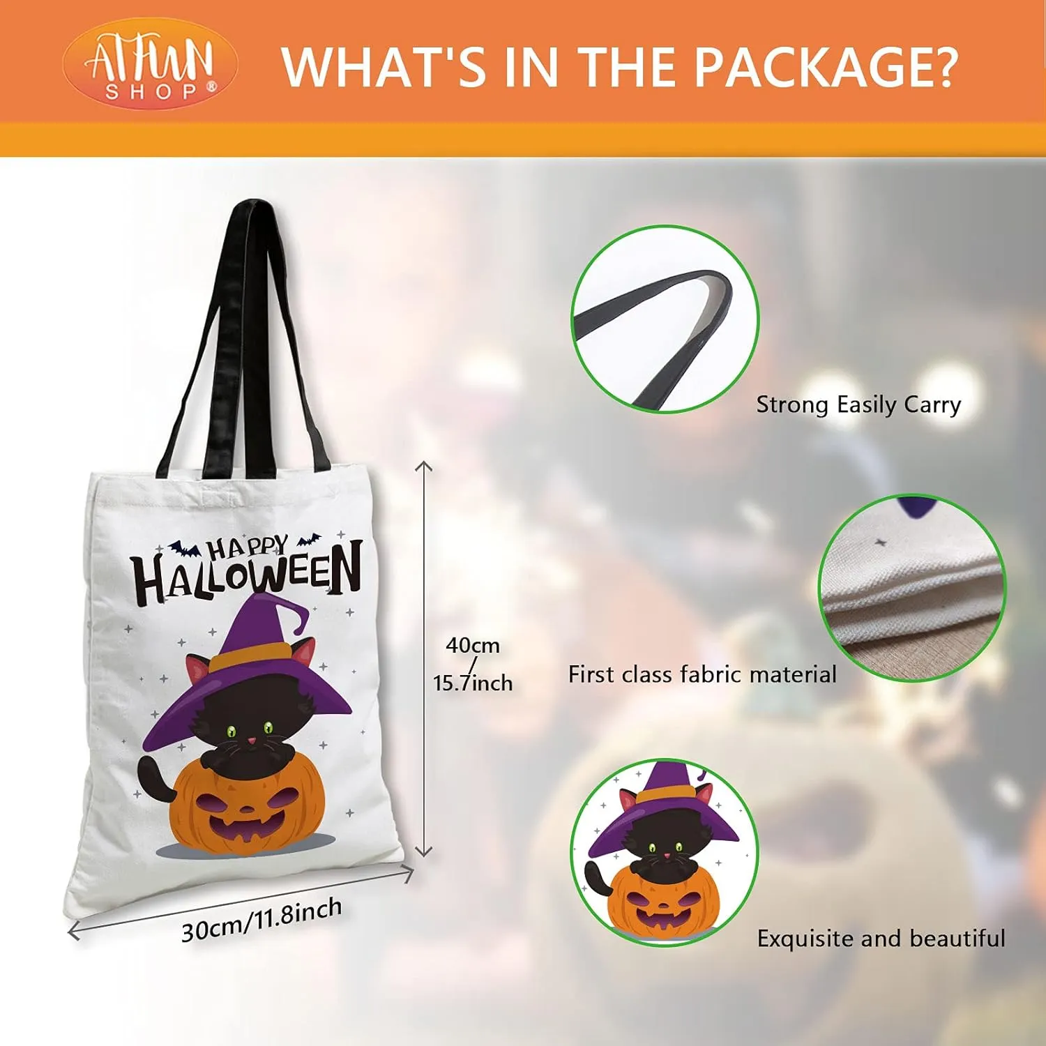ATFUNSHOP Trick or Treat Bag - Reusable 15.7'' Large Canvas Tote & Grocery Bag for Kids