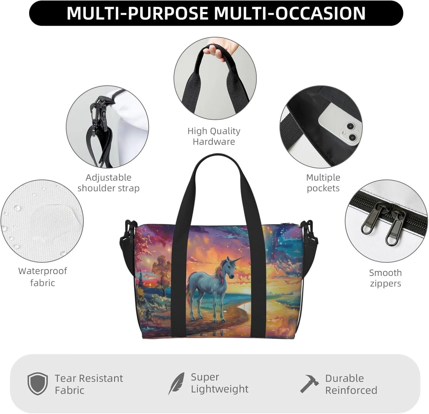 Aurora and Unicorn art print Travel Duffel Bag, Sports Tote Gym Bag, Swim Pool Bag Large Shoulder Tote Bag for Beach Weekender