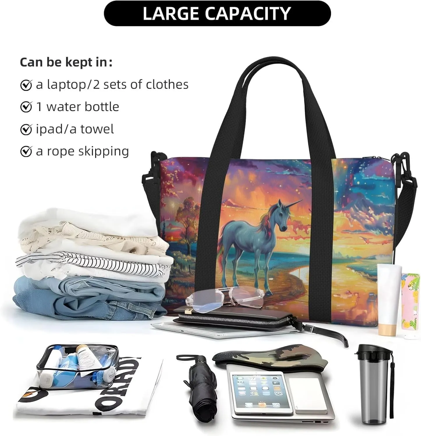 Aurora and Unicorn art print Travel Duffel Bag, Sports Tote Gym Bag, Swim Pool Bag Large Shoulder Tote Bag for Beach Weekender