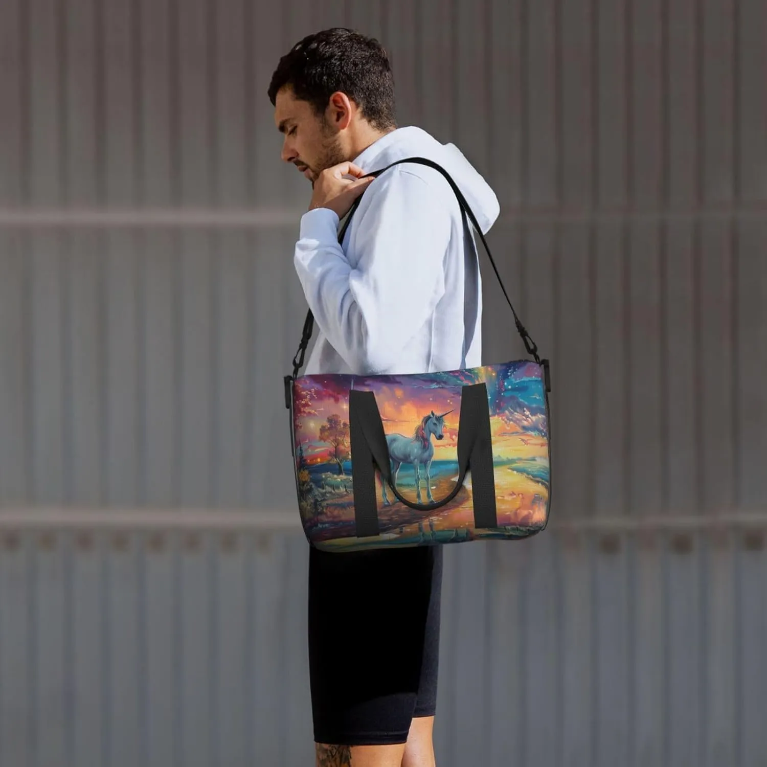 Aurora and Unicorn art print Travel Duffel Bag, Sports Tote Gym Bag, Swim Pool Bag Large Shoulder Tote Bag for Beach Weekender