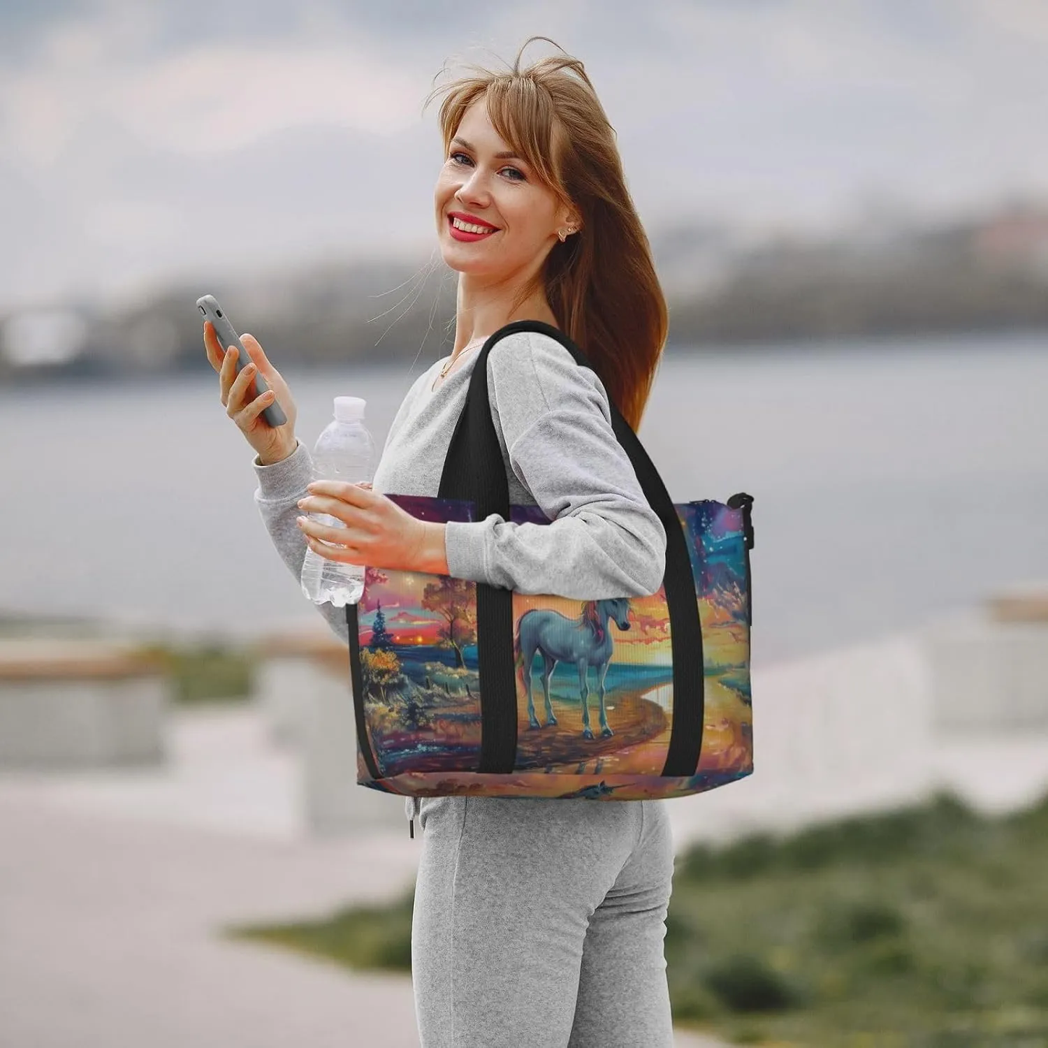 Aurora and Unicorn art print Travel Duffel Bag, Sports Tote Gym Bag, Swim Pool Bag Large Shoulder Tote Bag for Beach Weekender