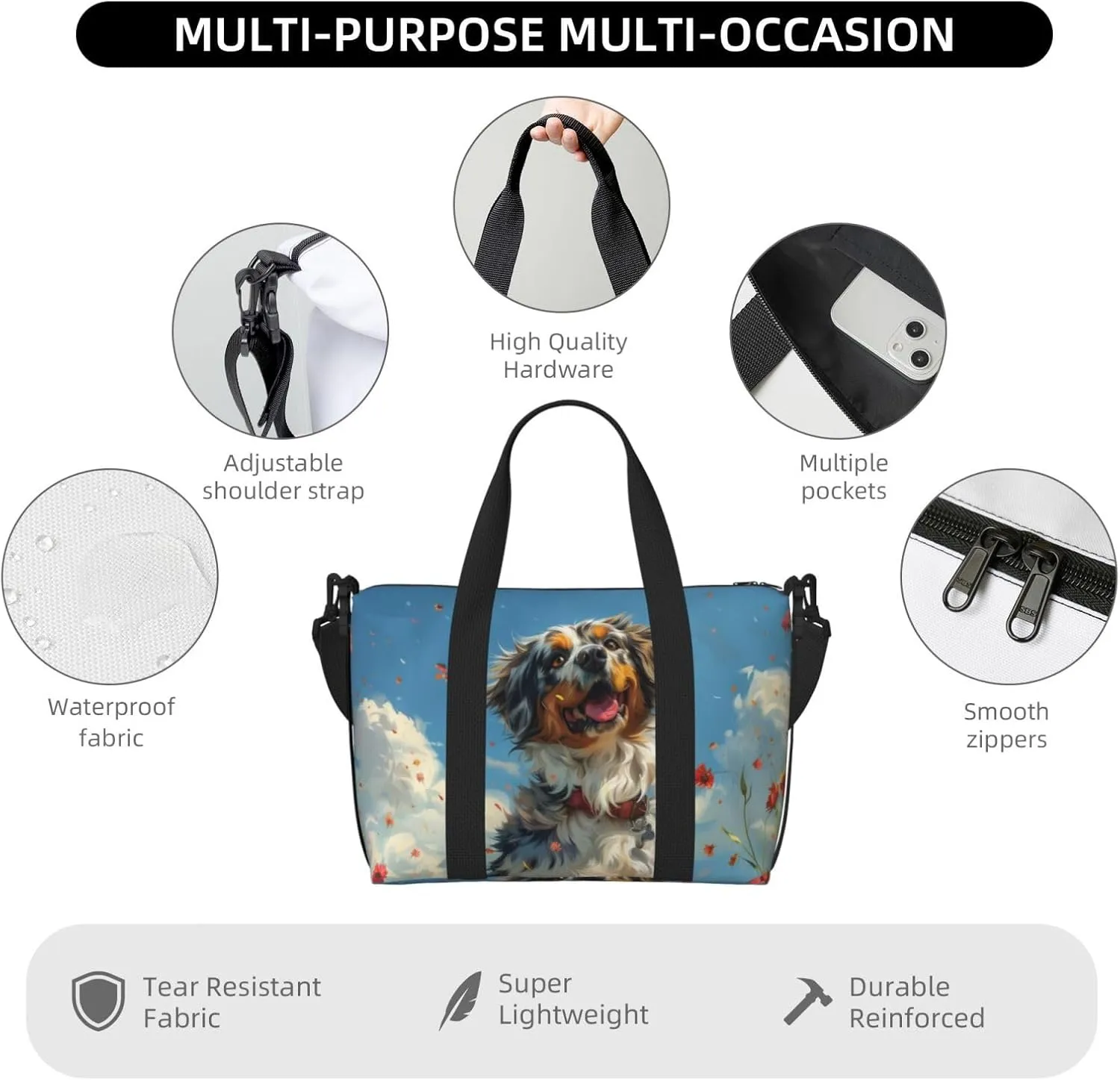 Australian Shepherd dancing print Travel Duffel Bag, Sports Tote Gym Bag, Swim Pool Bag Large Shoulder Tote Bag for Beach Weekender