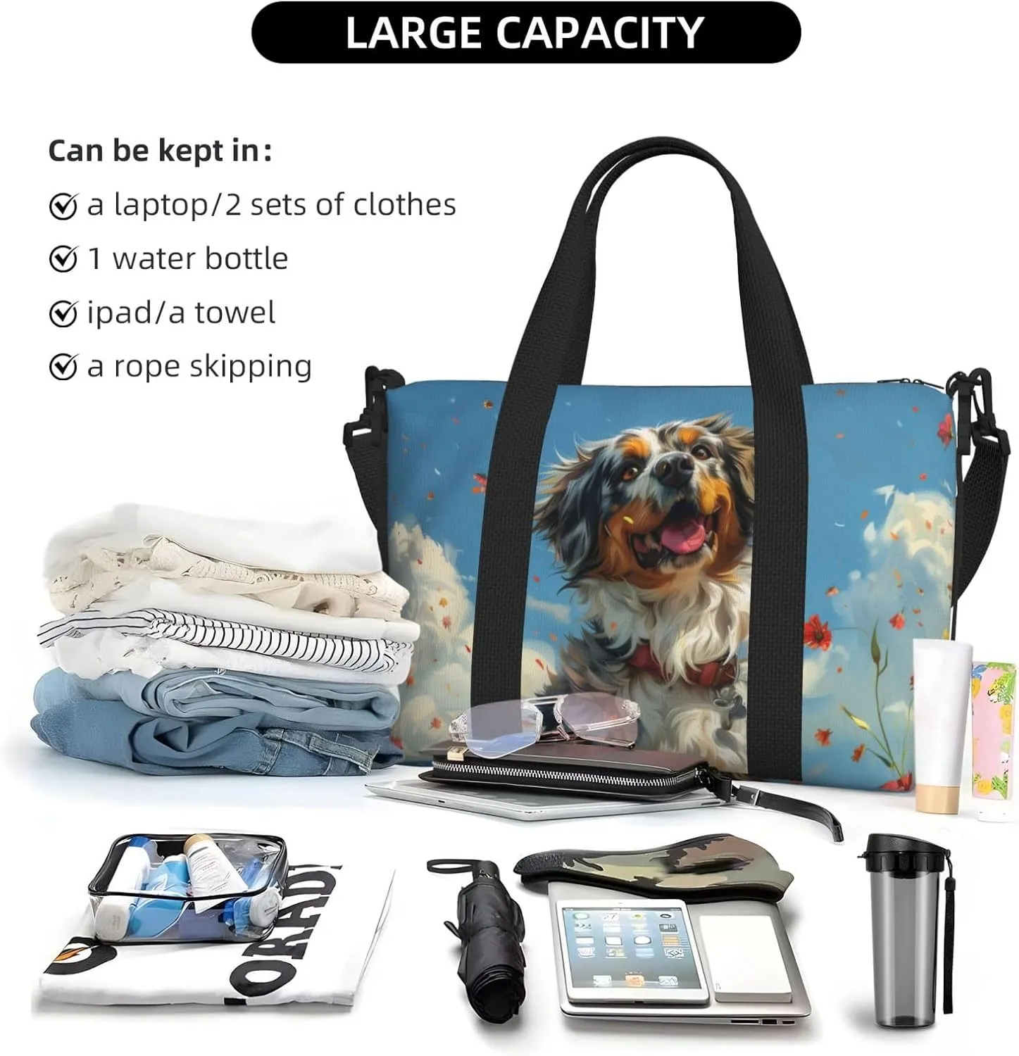 Australian Shepherd dancing print Travel Duffel Bag, Sports Tote Gym Bag, Swim Pool Bag Large Shoulder Tote Bag for Beach Weekender