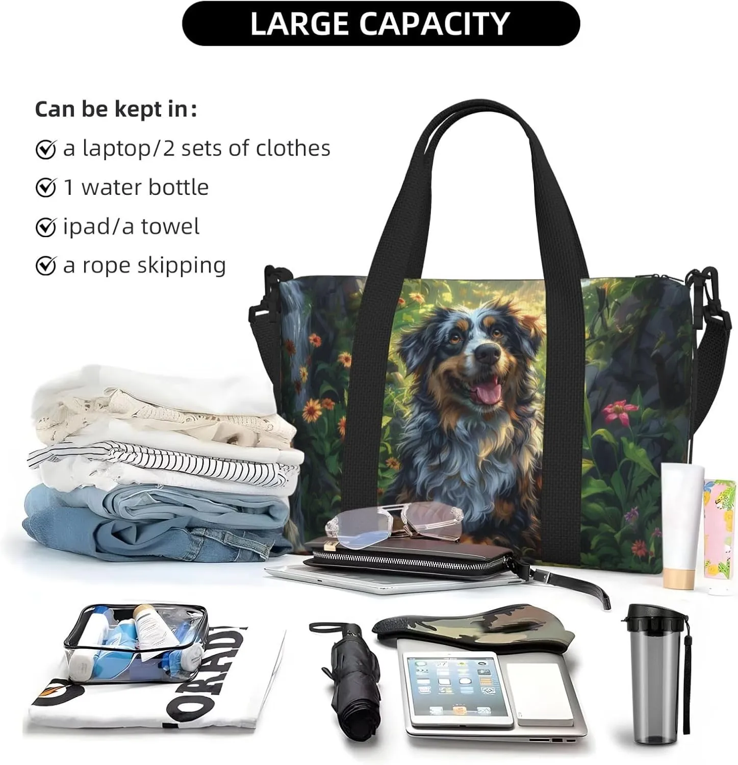 Australian Shepherd flower print Travel Duffel Bag, Sports Tote Gym Bag, Swim Pool Bag Large Shoulder Tote Bag for Beach Weekender