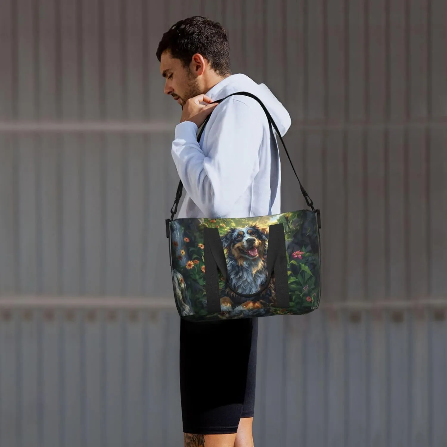 Australian Shepherd flower print Travel Duffel Bag, Sports Tote Gym Bag, Swim Pool Bag Large Shoulder Tote Bag for Beach Weekender