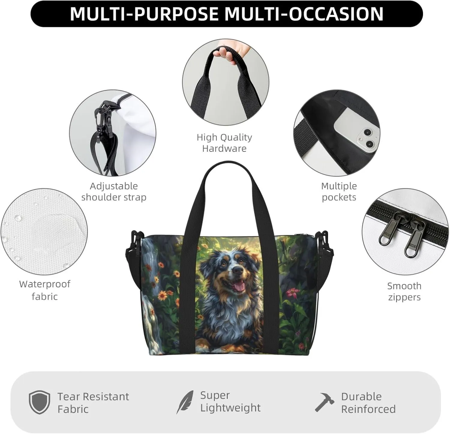Australian Shepherd flower print Travel Duffel Bag, Sports Tote Gym Bag, Swim Pool Bag Large Shoulder Tote Bag for Beach Weekender