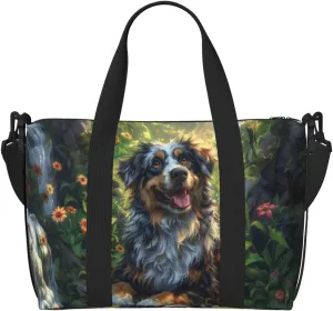 Australian Shepherd flower print Travel Duffel Bag, Sports Tote Gym Bag, Swim Pool Bag Large Shoulder Tote Bag for Beach Weekender