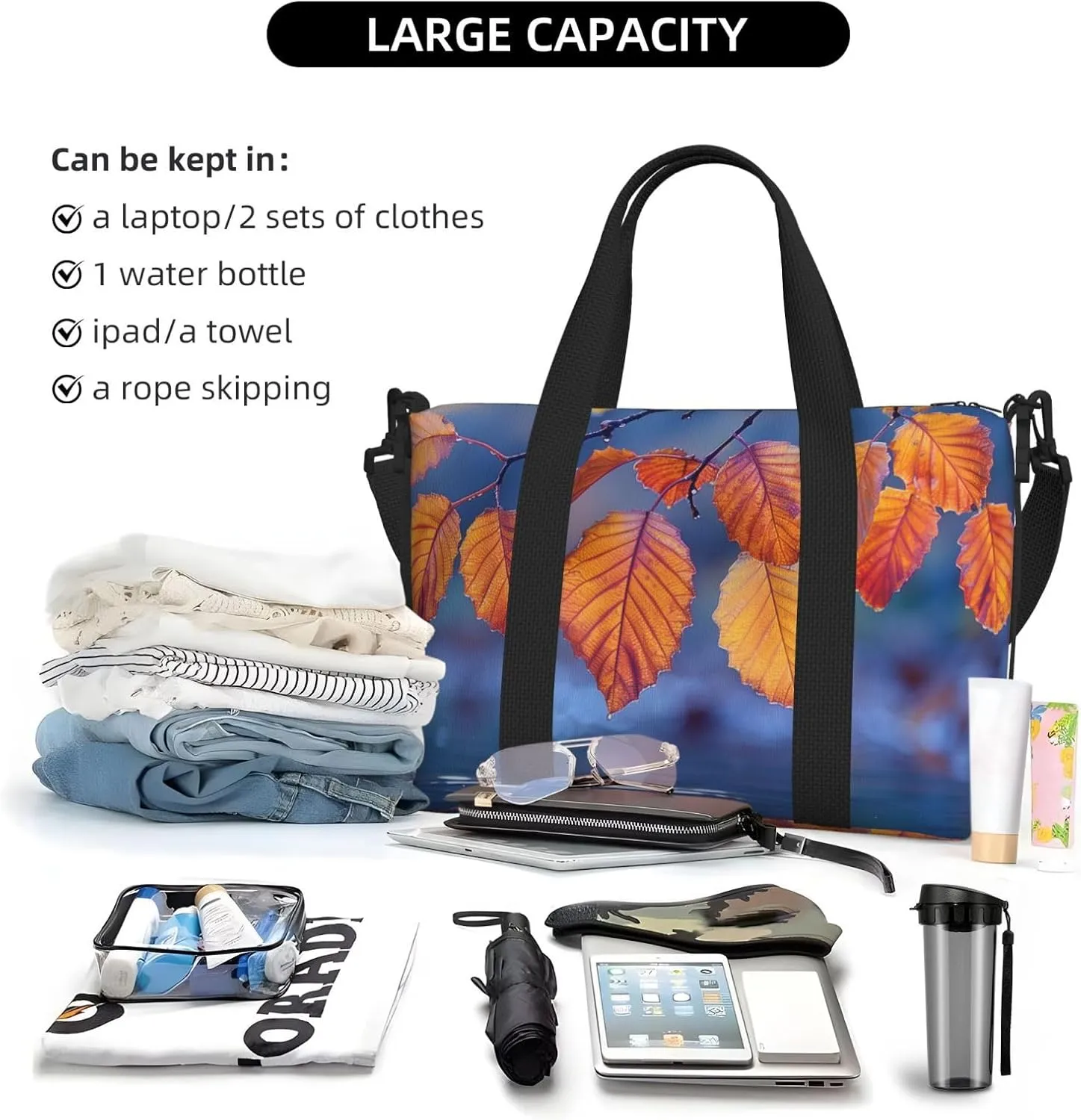 autumn leaves print Travel Duffel Bag, Sports Tote Gym Bag, Swim Pool Bag Large Shoulder Tote Bag for Beach Weekender