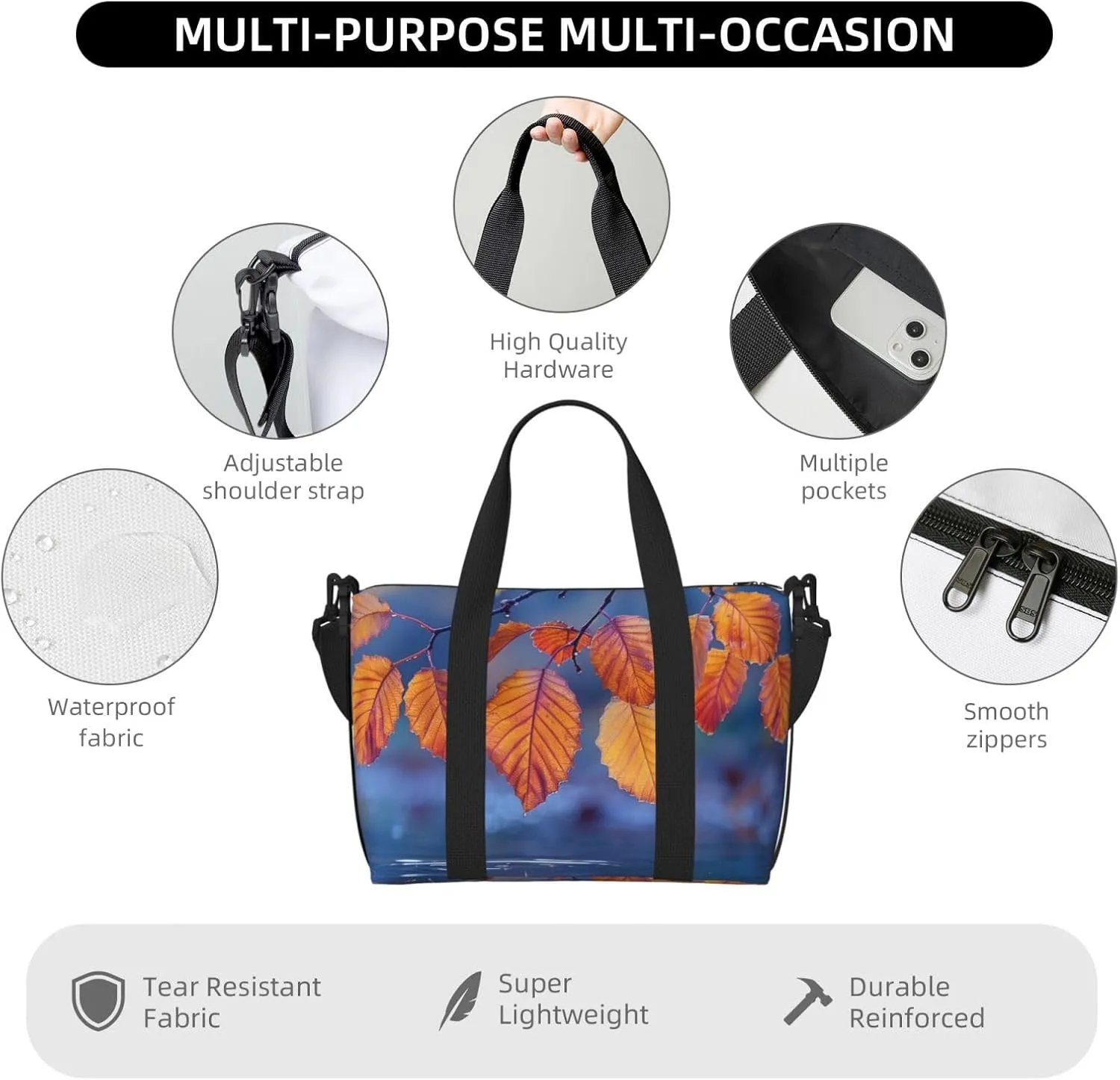 autumn leaves print Travel Duffel Bag, Sports Tote Gym Bag, Swim Pool Bag Large Shoulder Tote Bag for Beach Weekender