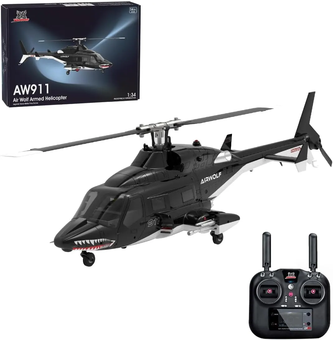 AW-911 Remote Control Helicopter with GPS, Airwolf 1/34 Scale 9CH Flybarless RC Helicopter Model with 6G/3D Stunt Mode and LED Lights, Three Batteries (RTF Version/Mode 1/Mode 2 Switchable)