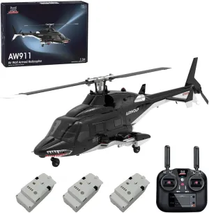 AW-911 Remote Control Helicopter with GPS, Airwolf 1/34 Scale 9CH Flybarless RC Helicopter Model with 6G/3D Stunt Mode and LED Lights, Three Batteries (RTF Version/Mode 1/Mode 2 Switchable)