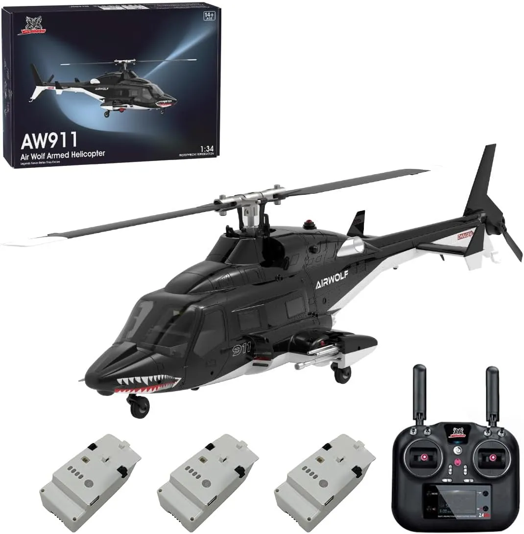 AW-911 Remote Control Helicopter with GPS, Airwolf 1/34 Scale 9CH Flybarless RC Helicopter Model with 6G/3D Stunt Mode and LED Lights, Three Batteries (RTF Version/Mode 1/Mode 2 Switchable)