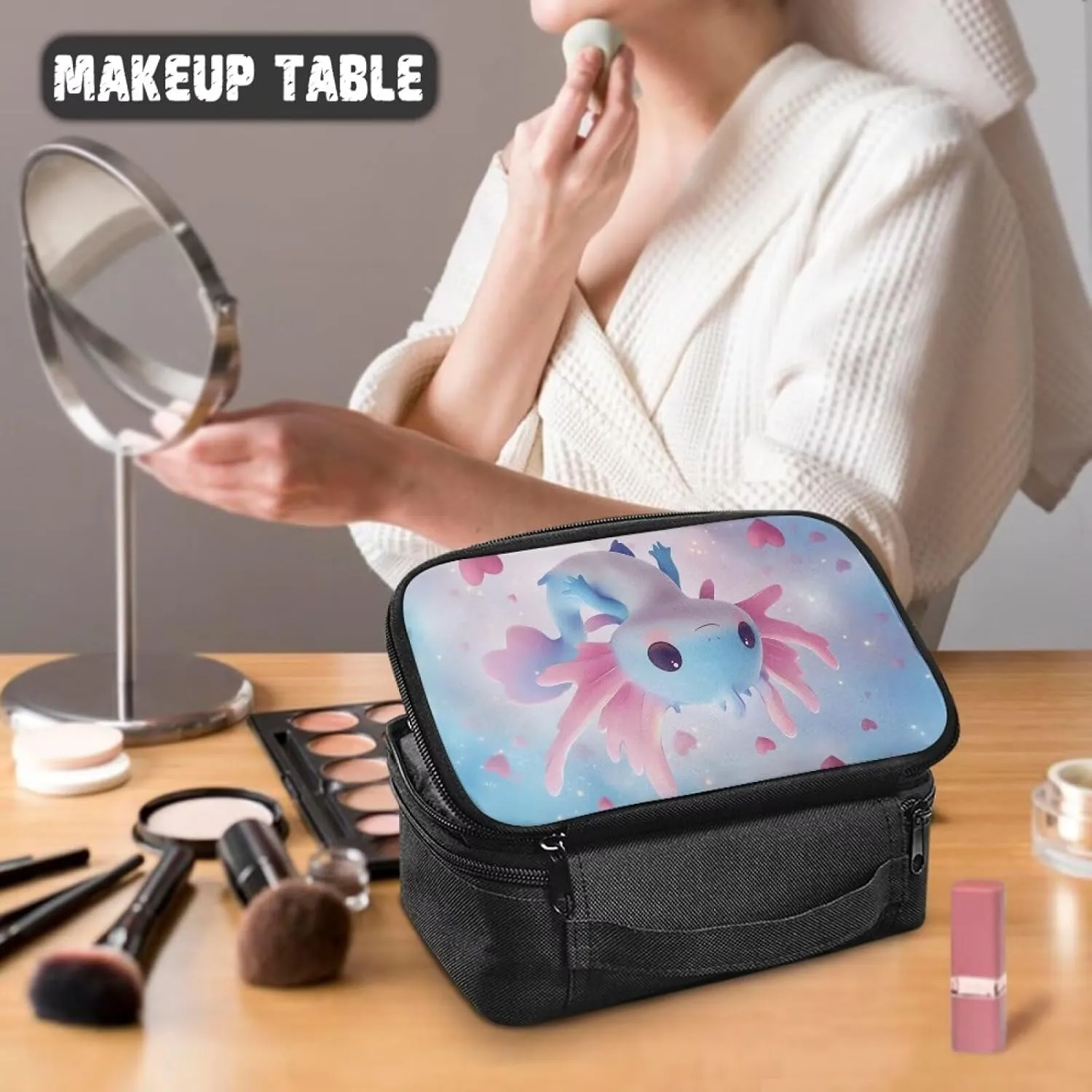 Axolotl Make up Bags for Women Traveling Lightweight Stain Resistant Makeup Bag Organizer with Compartments Blue Pink Cosmetic Cases Top Handle