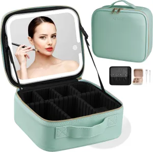 AZ GOGO Makeup Bag with Light up Mirror, Travel Makeup Train Case with Lighted Mirror 3 Color Brightness, Waterproof Portable Cosmetic Bag Organizer (Green)