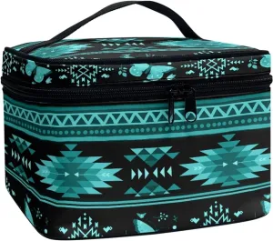Aztec Tribal Makeup Cosmetic Bag for Women Girls Zipper Toiletry Organizer Clear Brushes Case with Handle Easy to Clean for Weekend Getaways, Vacations, Weekender