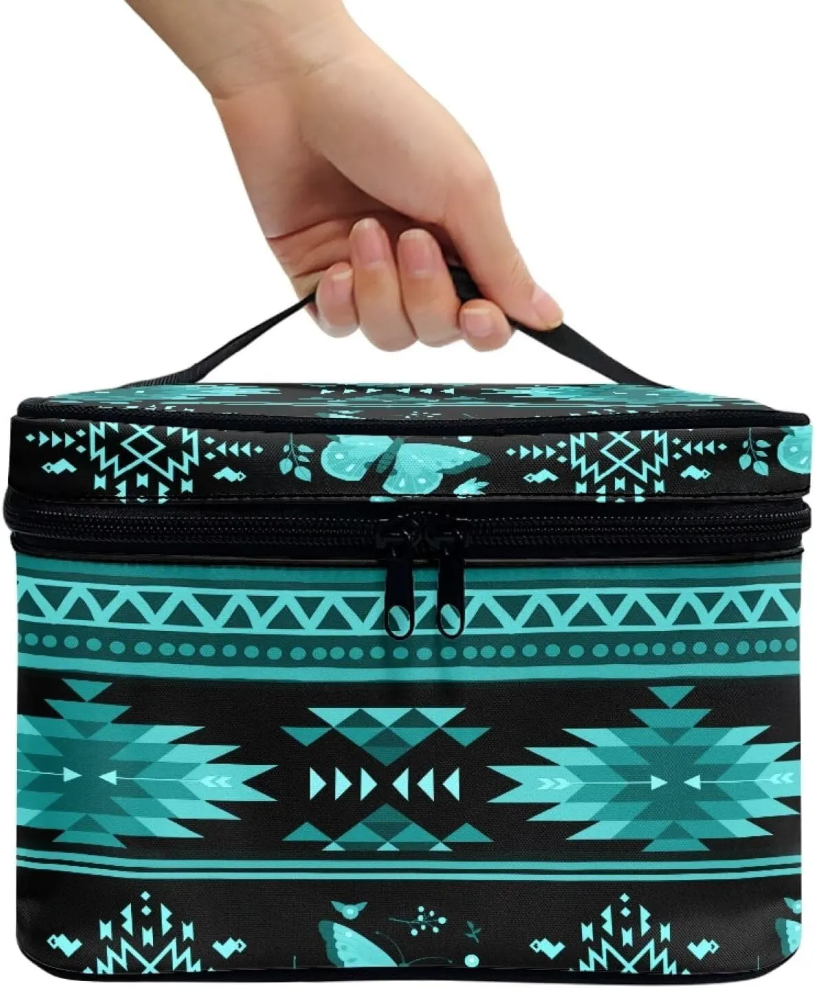 Aztec Tribal Makeup Cosmetic Bag for Women Girls Zipper Toiletry Organizer Clear Brushes Case with Handle Easy to Clean for Weekend Getaways, Vacations, Weekender