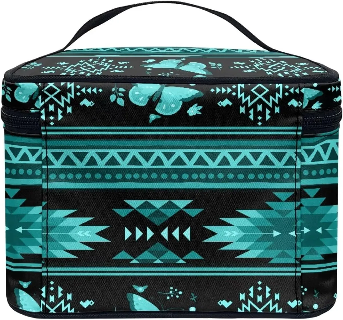 Aztec Tribal Makeup Cosmetic Bag for Women Girls Zipper Toiletry Organizer Clear Brushes Case with Handle Easy to Clean for Weekend Getaways, Vacations, Weekender