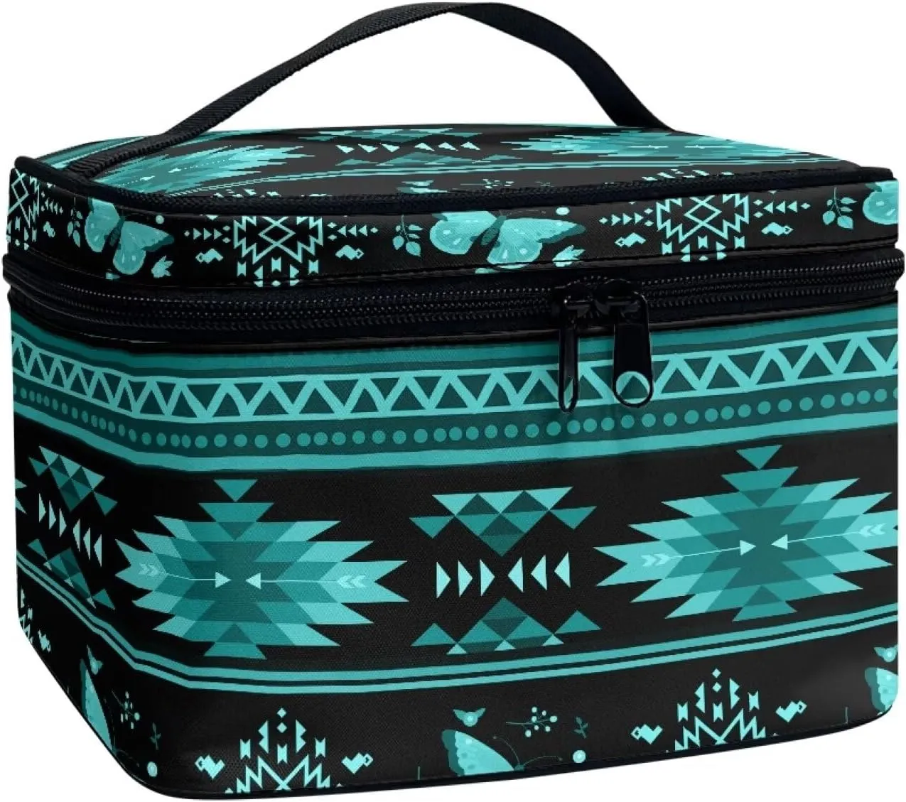 Aztec Tribal Makeup Cosmetic Bag for Women Girls Zipper Toiletry Organizer Clear Brushes Case with Handle Easy to Clean for Weekend Getaways, Vacations, Weekender