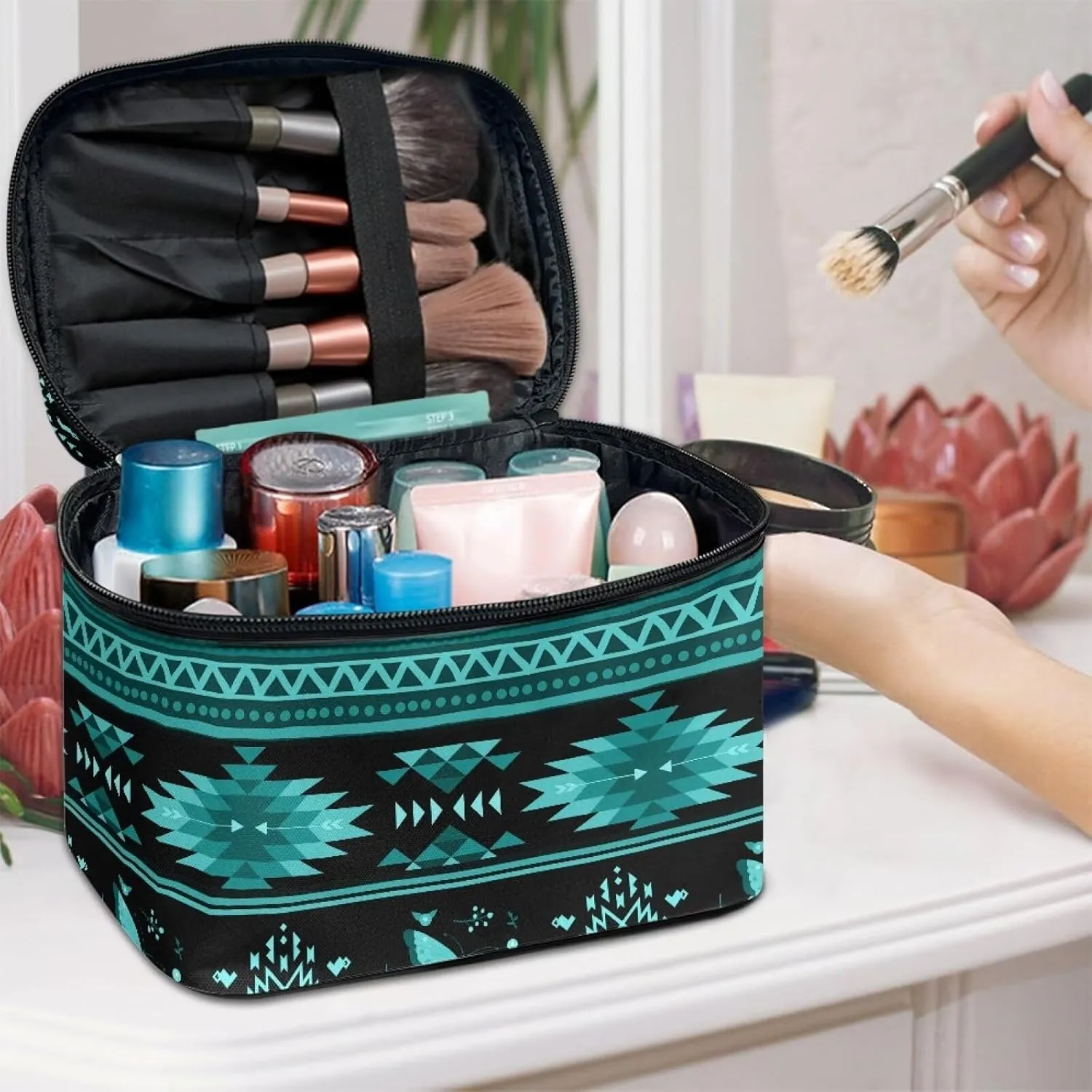 Aztec Tribal Makeup Cosmetic Bag for Women Girls Zipper Toiletry Organizer Clear Brushes Case with Handle Easy to Clean for Weekend Getaways, Vacations, Weekender