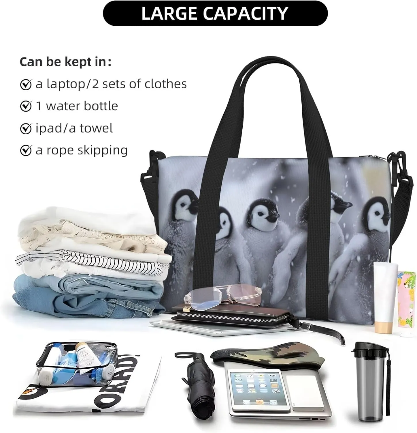 baby penguins print Travel Duffel Bag, Sports Tote Gym Bag, Swim Pool Bag Large Shoulder Tote Bag for Beach Weekender