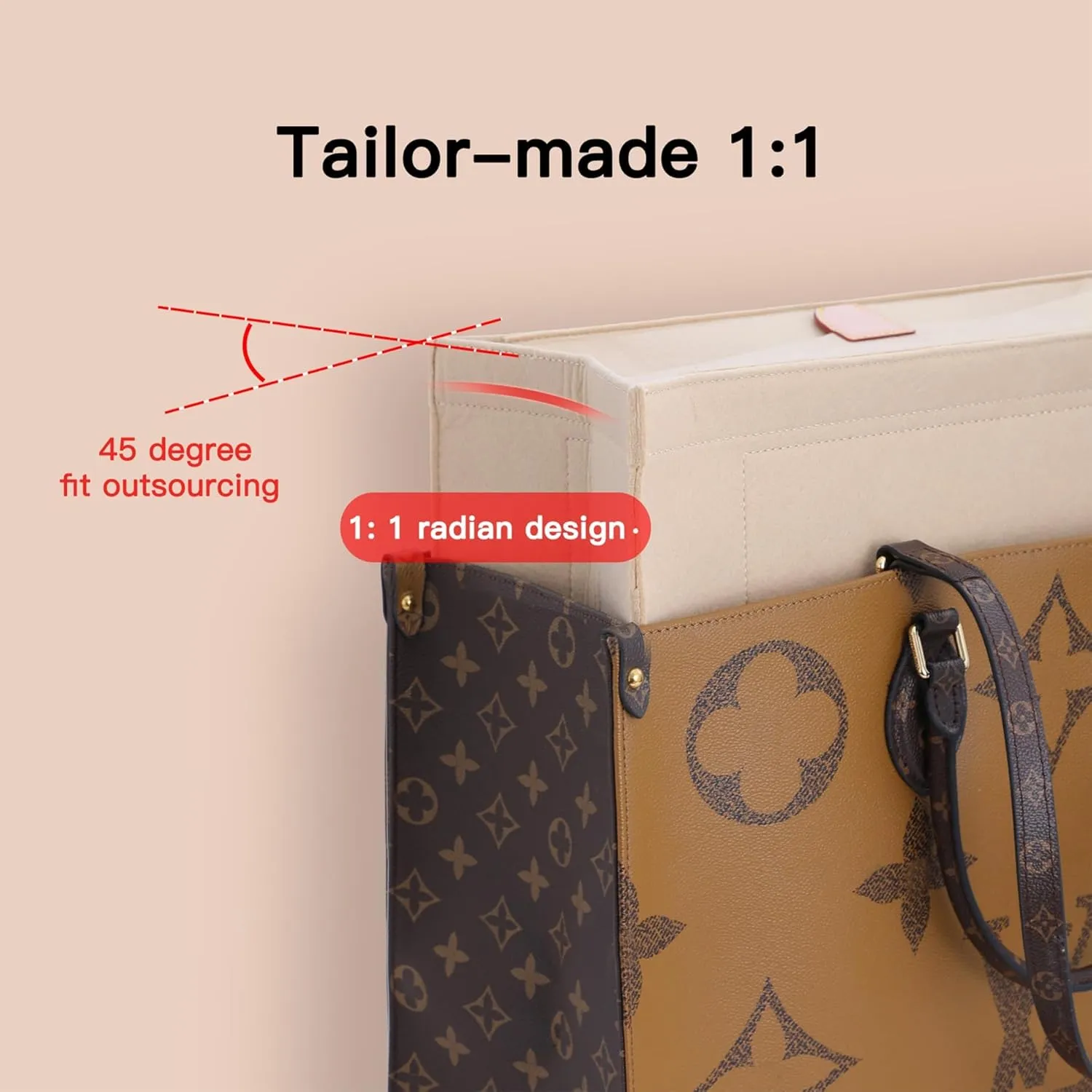 Bag Organizer Insert Compatible with On The Go,Neverfull, Book tote Organizer,Handbag Storage, Felt Insert with Zipper (Beige With Cover, L)