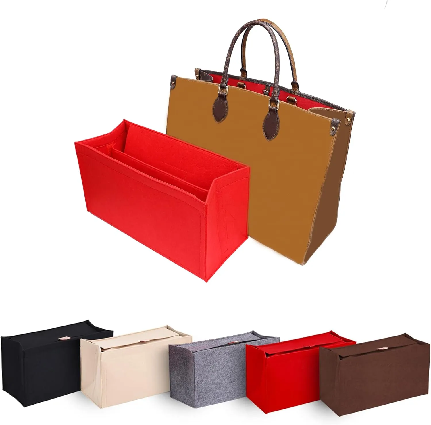 Bag Organizer Insert Compatible with On The Go,Neverfull, Book tote Organizer,Handbag Storage, Felt Insert with Zipper (Beige With Cover, L)