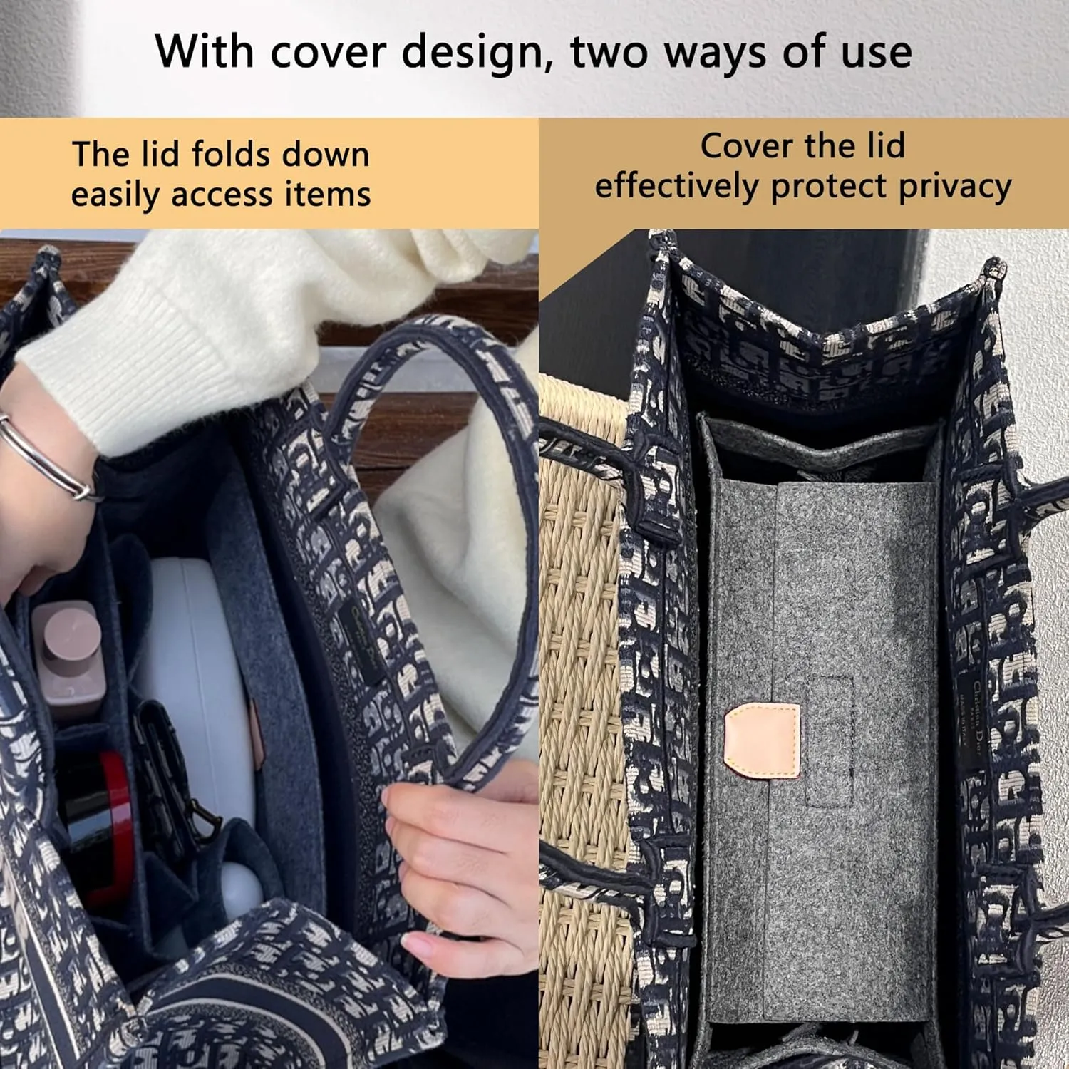 Bag Organizer Insert Compatible with On The Go,Neverfull, Book tote Organizer,Handbag Storage, Felt Insert with Zipper (Beige With Cover, L)