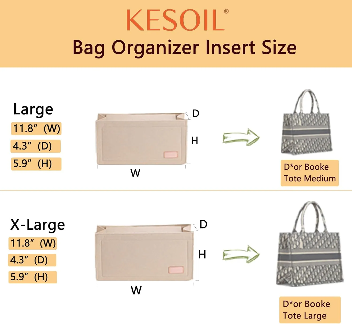 Bag Organizer Insert Compatible with On The Go,Neverfull, Book tote Organizer,Handbag Storage, Felt Insert with Zipper (Beige With Cover, L)