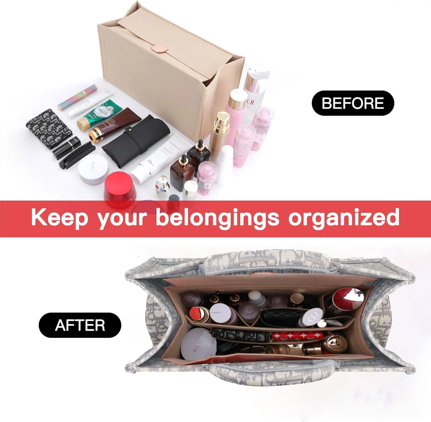 Bag Organizer Insert Compatible with On The Go,Neverfull, Book tote Organizer,Handbag Storage, Felt Insert with Zipper (Beige With Cover, L)