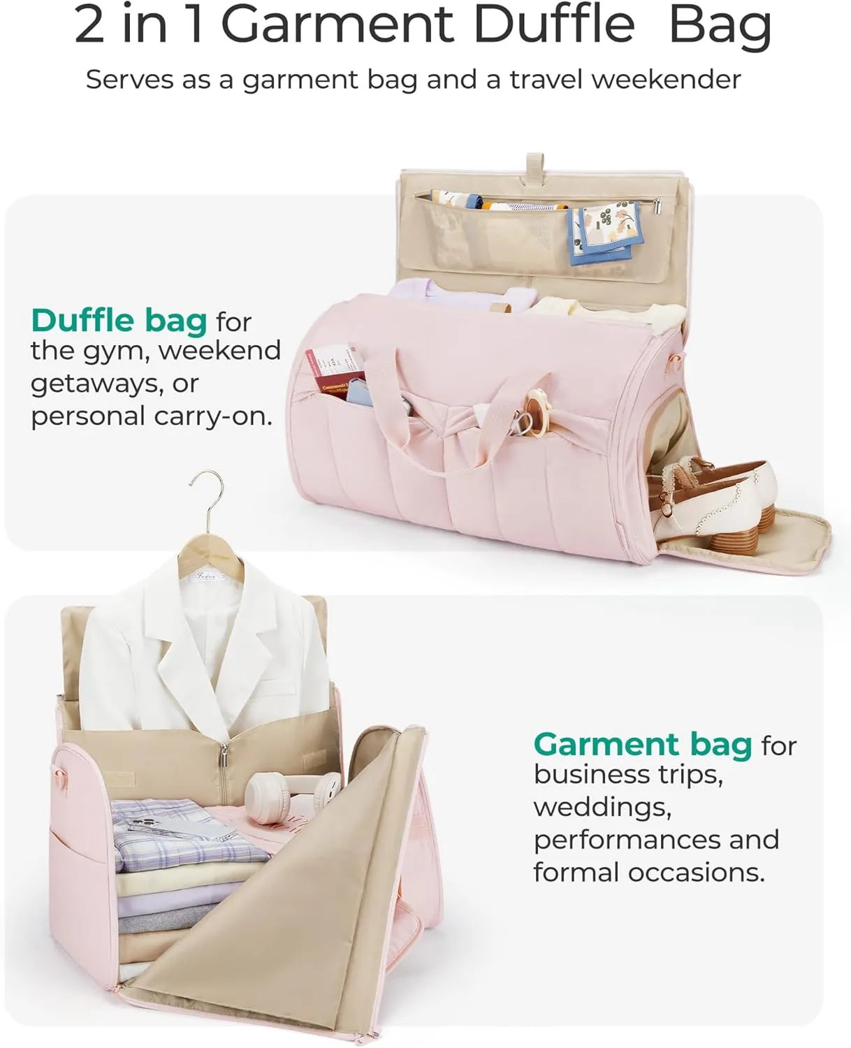 BAGSMART Garment Bags for Travel for Women Men Convertible 2 in 1 Puffy Suit Carrier for Hanging Clothes Carry on Garment Duffle Bag with Shoulder Strap, Dark Pink