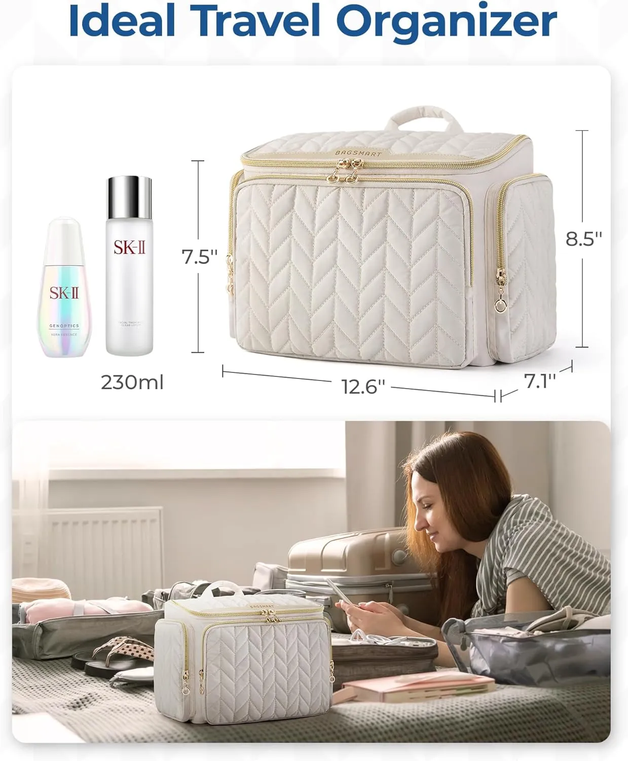 BAGSMART Travel Toiletry Bag, Large Wide-open Travel Bag for Toiletries, Makeup Cosmetic Travel Bag with Handle-Navy