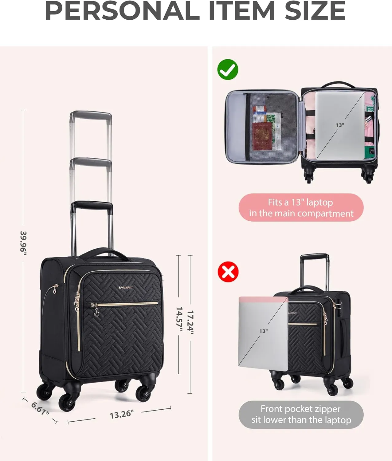BAGSMART Underseat Carry On luggage Airline approved, 16-inch Softside Underseater Travel Suitcase with Spinner Wheels Lightweight Overnight Bag Small Rolling Carry-on for Women Men Weekender,Black