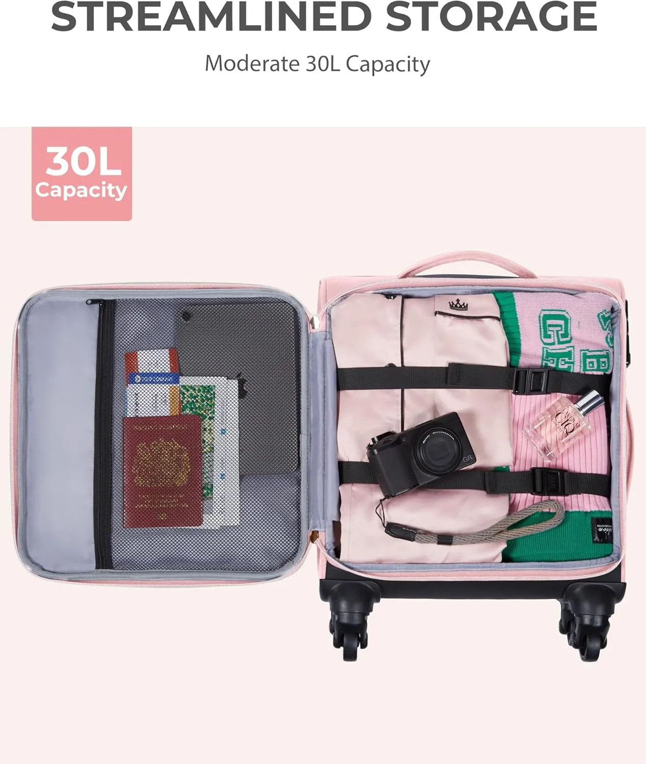 BAGSMART Underseat Carry On luggage Airline approved, 16-inch Softside Underseater Travel Suitcase with Spinner Wheels Lightweight Overnight Bag Small Rolling Carry-on for Women Men Weekender,Pink