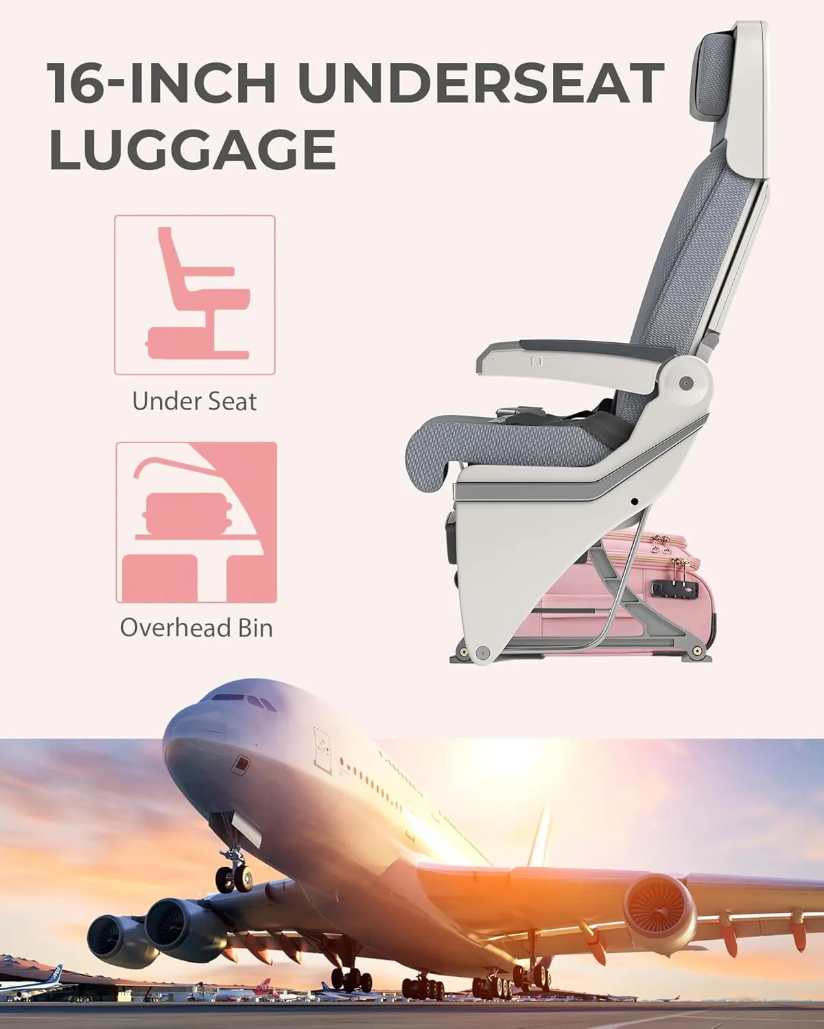 BAGSMART Underseat Carry On luggage Airline approved, 16-inch Softside Underseater Travel Suitcase with Spinner Wheels Lightweight Overnight Bag Small Rolling Carry-on for Women Men Weekender,Pink
