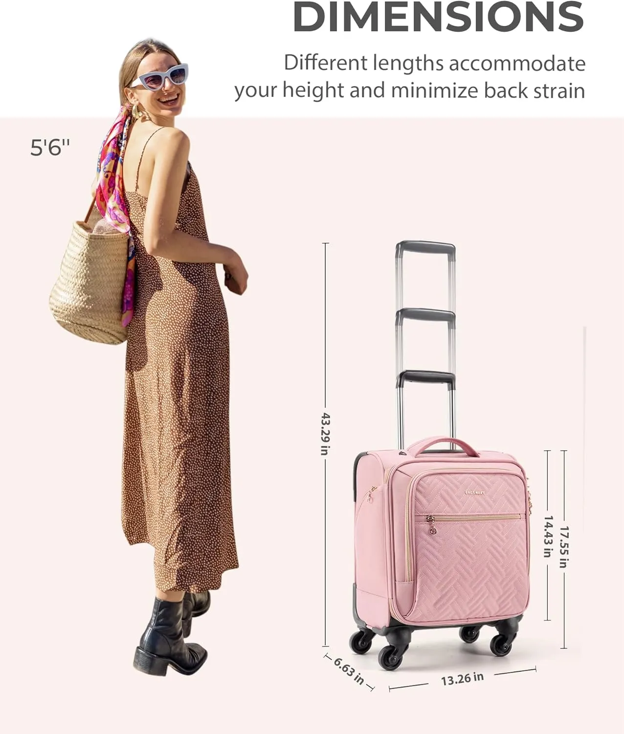 BAGSMART Underseat Carry On luggage Airline approved, 16-inch Softside Underseater Travel Suitcase with Spinner Wheels Lightweight Overnight Bag Small Rolling Carry-on for Women Men Weekender,Pink