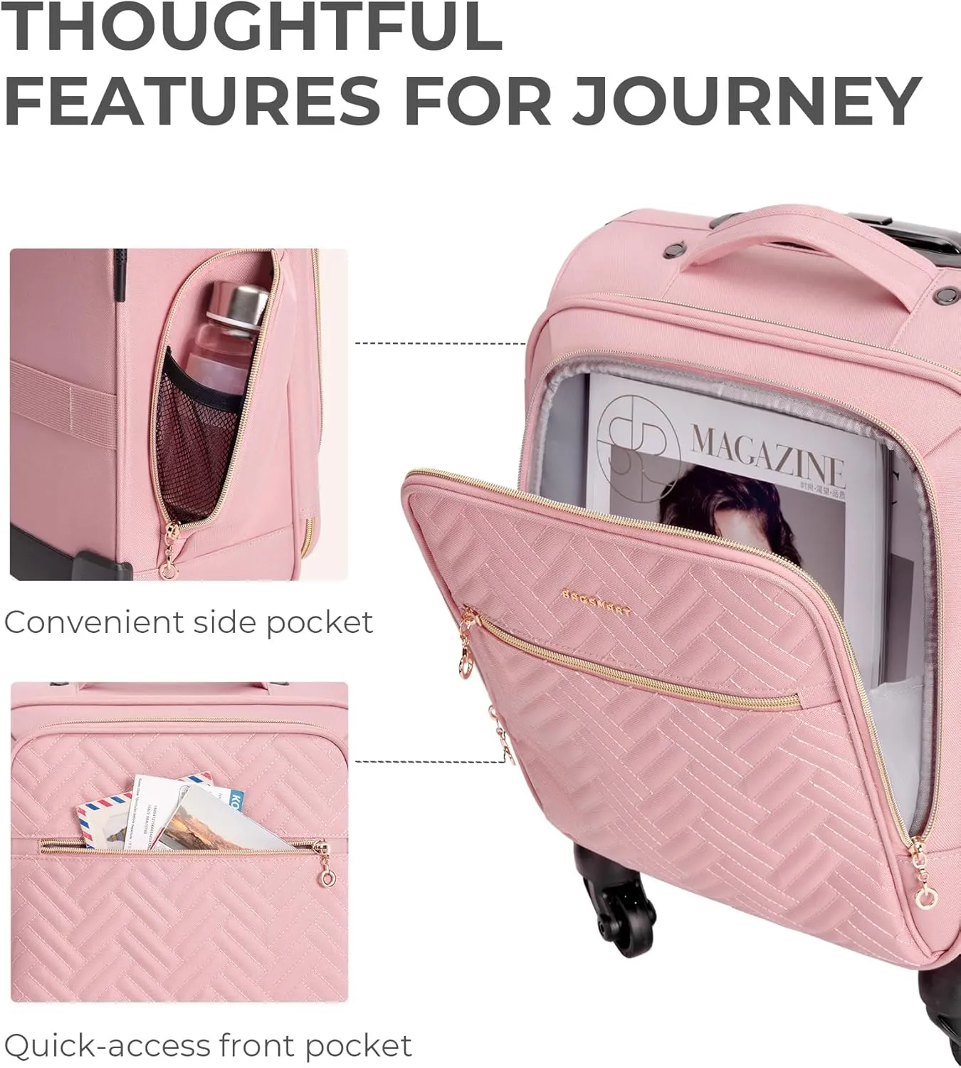 BAGSMART Underseat Carry On luggage Airline approved, 16-inch Softside Underseater Travel Suitcase with Spinner Wheels Lightweight Overnight Bag Small Rolling Carry-on for Women Men Weekender,Pink