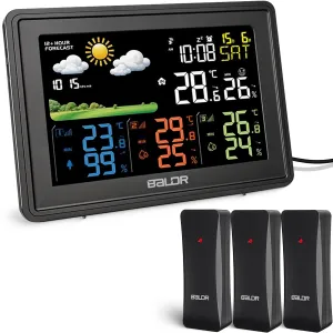 BALDR Home Weather Station - Indoor Outdoor Thermometer Wireless Home Weather Station with 3 Remote Sensor, Atomic Alarm Clock, Backlight & Humidity Monitor - Weather Stations Wireless Indoor Outdoor