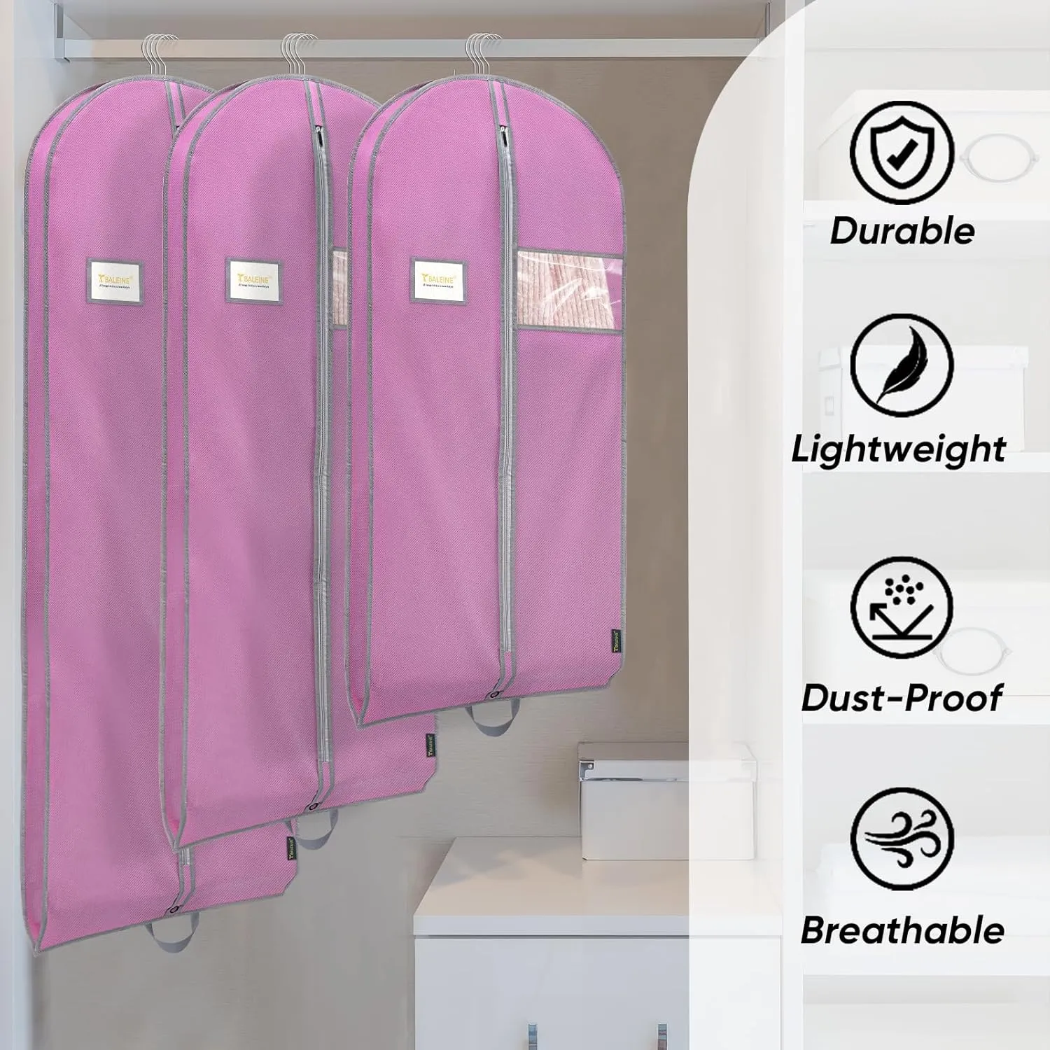 BALEINE 1PK Heavy Duty Garment Bag with Shoe Storage Travel Bag for Dresses, Suit, Coats Travel Essential (60", Pink)