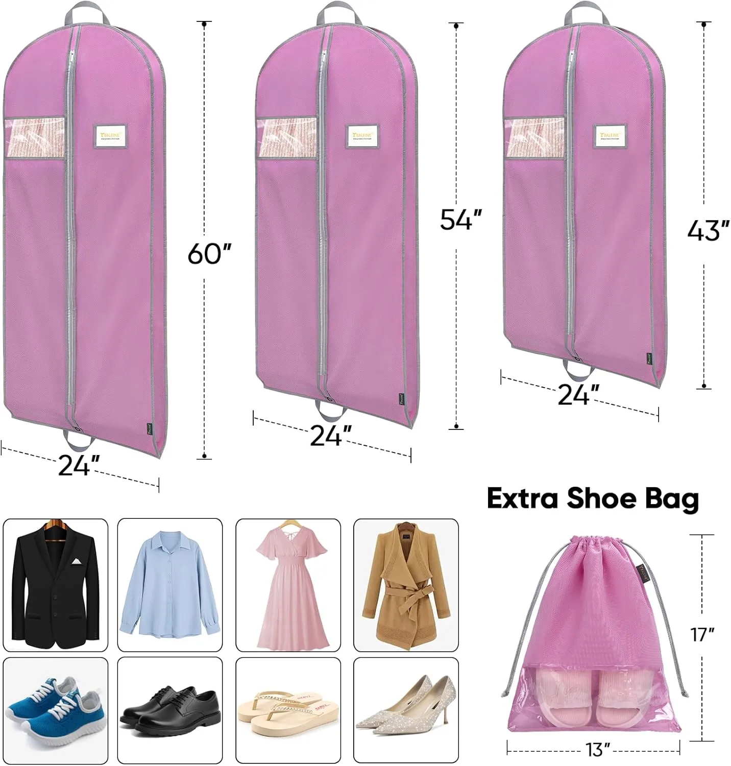 BALEINE 1PK Heavy Duty Garment Bag with Shoe Storage Travel Bag for Dresses, Suit, Coats Travel Essential (60", Pink)