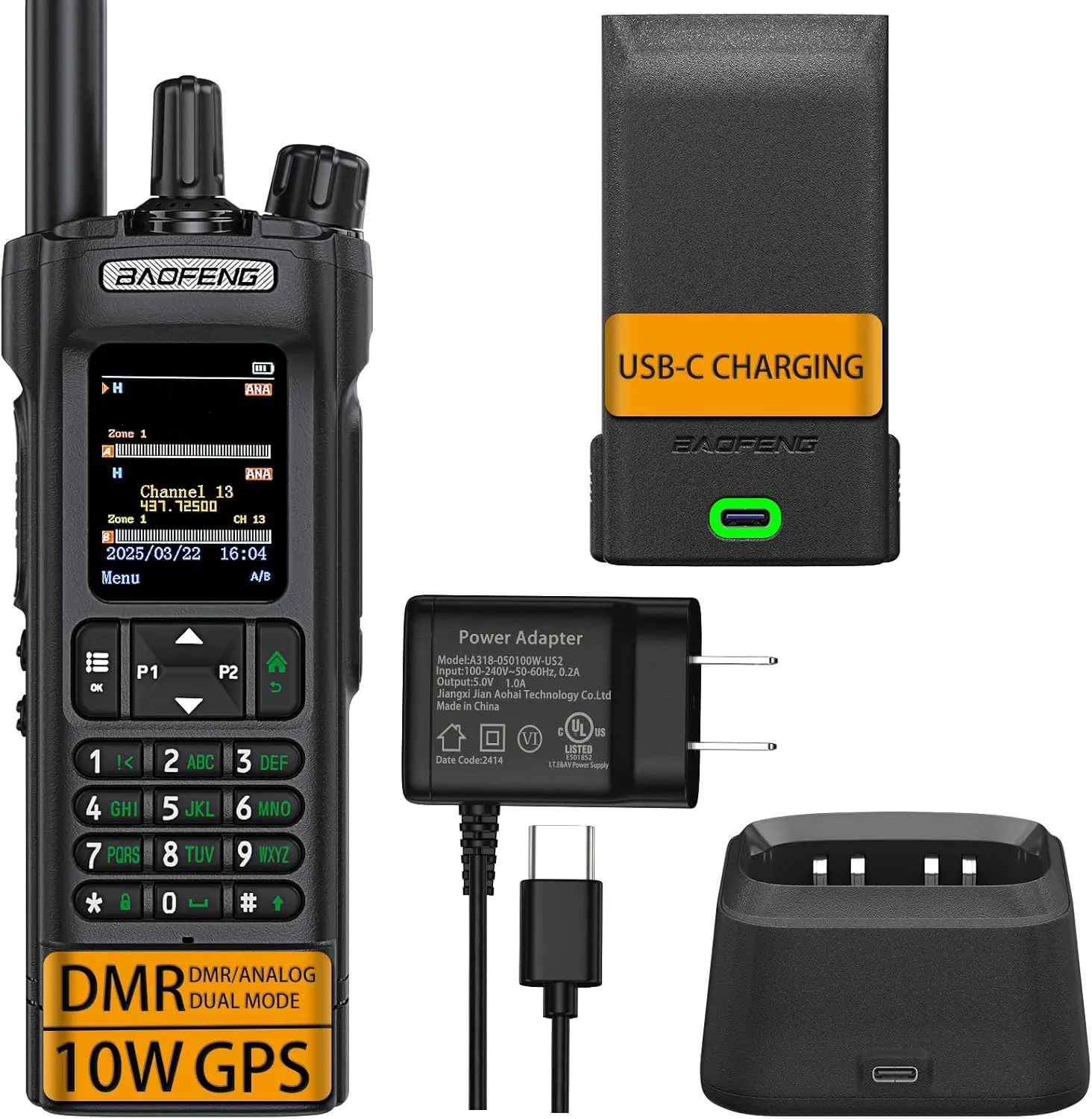 BAOFENG DM32 DMR Handheld Radio with USB-C Charging, GPS, 10W Long Range Walkie Talkie for Emergency Rescue & Outdoor Sports DM-32UV (1 Pack Black)