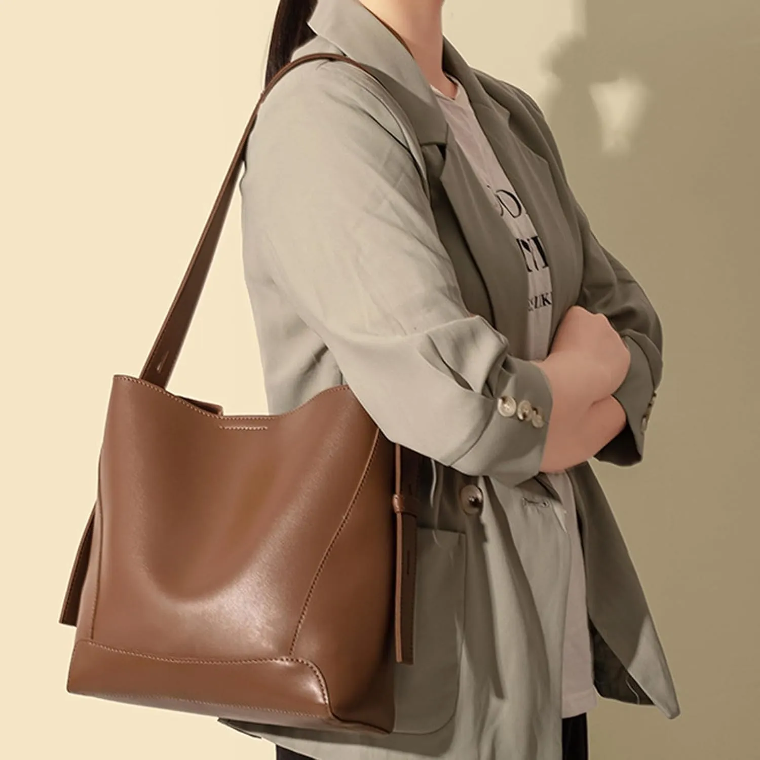 Barsine Leather Bucket Tote Purse for Women Tote Bag and Handbags Shoulder Bag with Pockets and Magnetic Snap