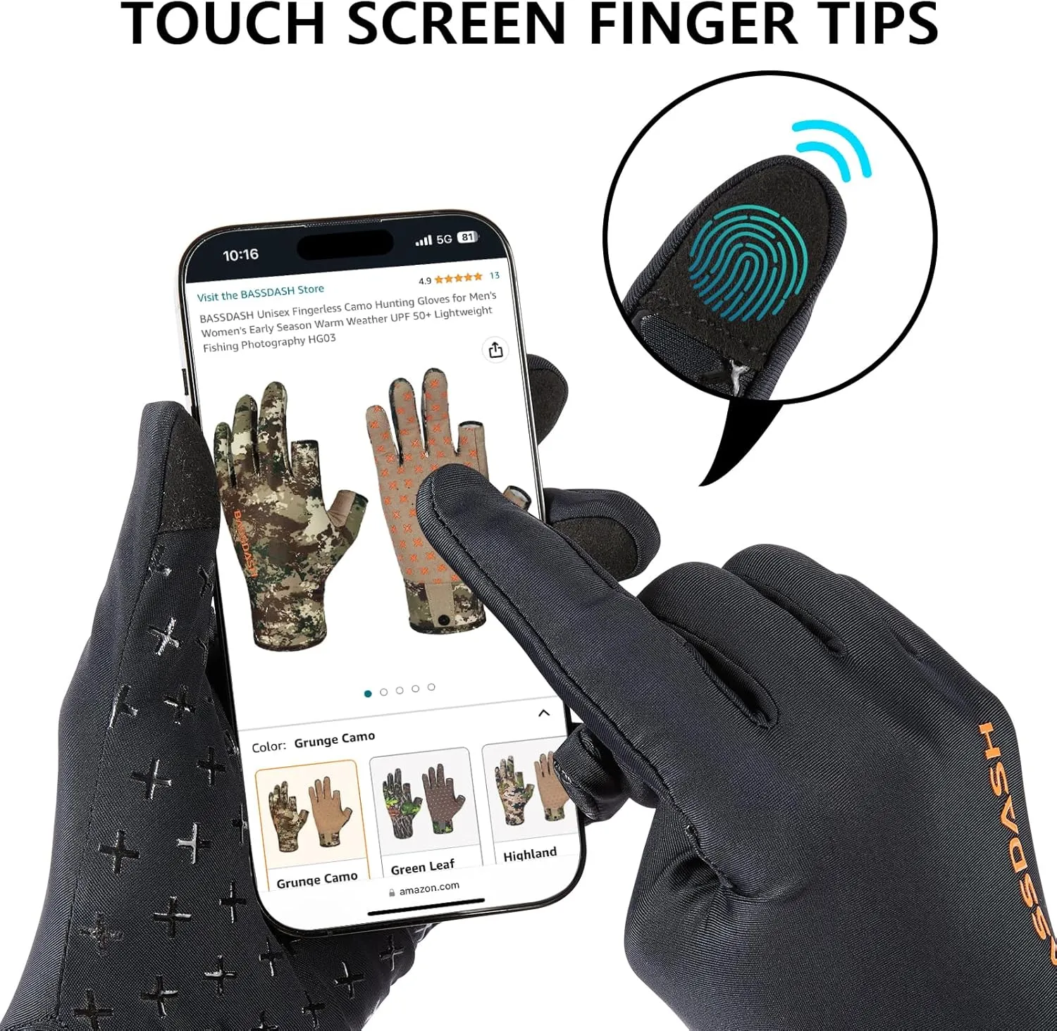 BASSDASH Men’s Camo Hunting Gloves UPF 50  Lightweight Touchscreen Gloves for Warm Weather Fishing Hiking Outdoor Activities