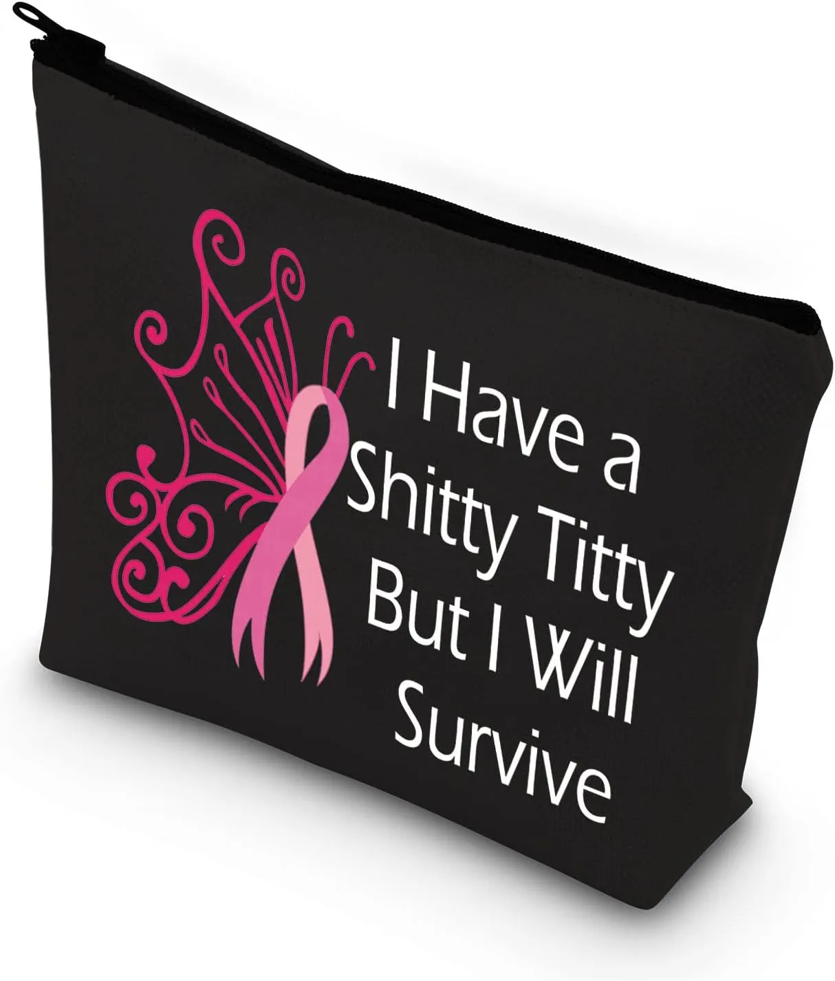 BDPWSS Breast Cancer Awareness Makeup Bag For Women Cancer Support Gift Breast Cancer Survivor Gift I Have a Shitty Titty But i Will Survive Pink Ribbon Cosmetic Zipper Pouch (I Will Survive bl)