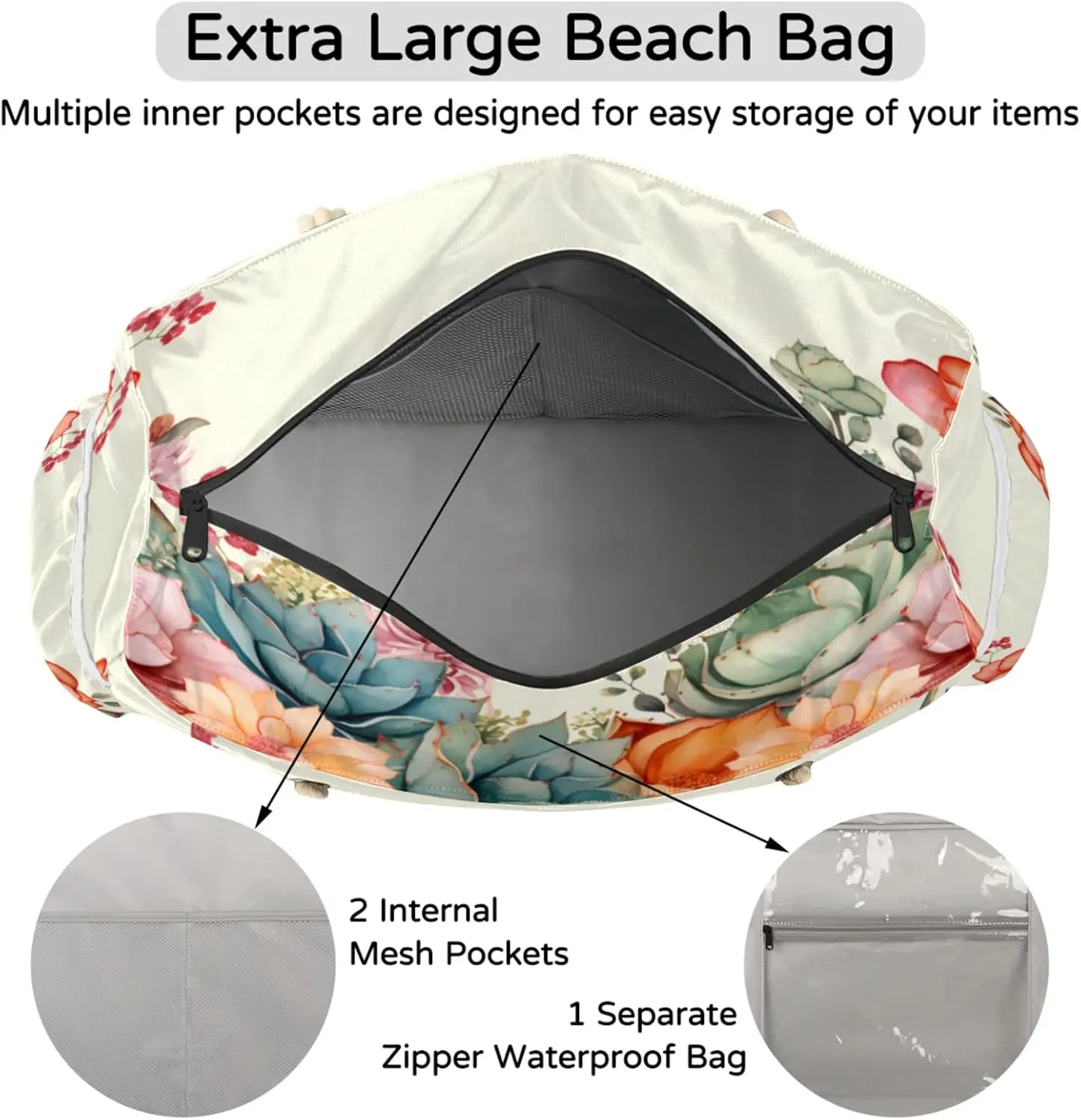 Beach Bags for Women Large Beach Tote Bag, Waterproof Sandproof Swim Pool Bag with Zipper