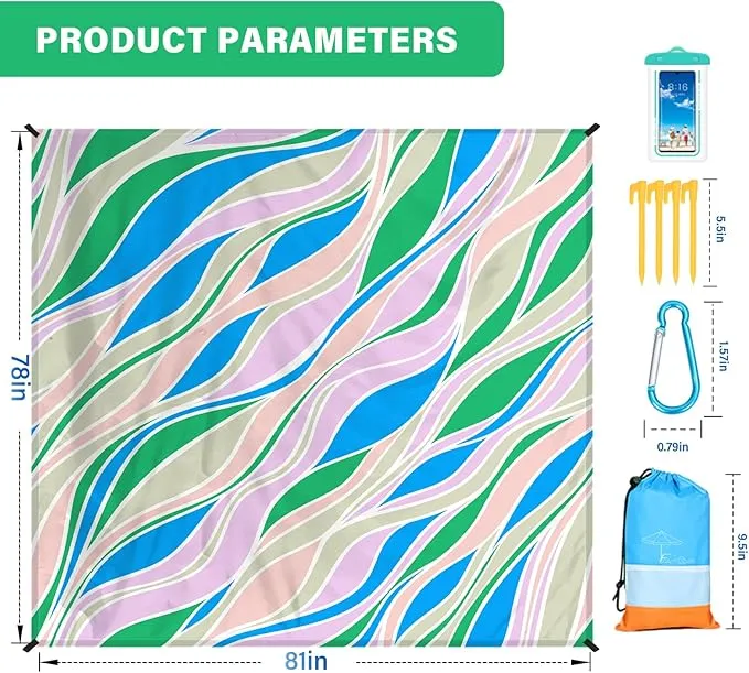 Beach Blanket Oversized Extra Large 78" X 81",Waterproof Sandproof Beach Blanket 1-7 Adults Lightweight Durable for Travel Camping Hiking Picnic