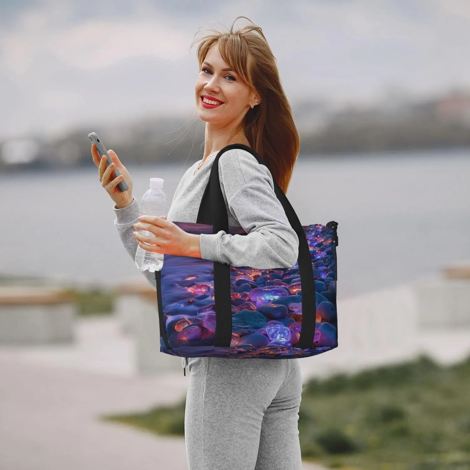 beach colorful glowing pebbles print Travel Duffel Bag, Sports Tote Gym Bag, Swim Pool Bag Large Shoulder Tote Bag for Beach Weekender